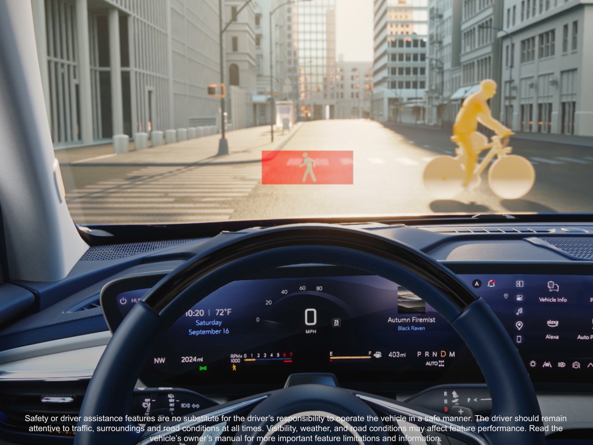 The Driver's View From Inside a Buick Enclave Displaying the Dashboard And Digital Representations of a Pedestrian And Bicyclist With Red Safety Warnings on a City Street
