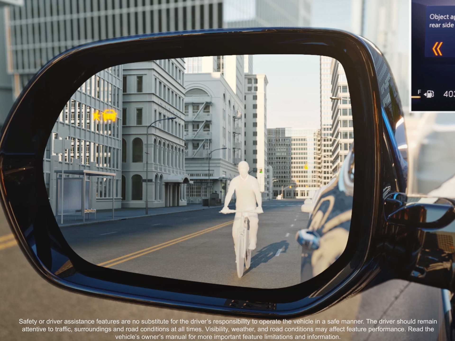 A Car Side Mirror Displaying a Digital Representation of a Bicyclist on a City Street With Buildings in the Background