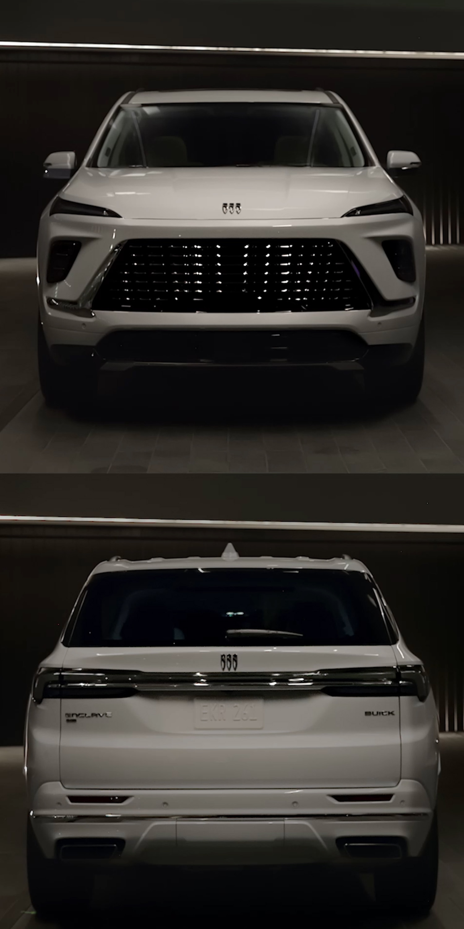 A Front View of a White Buick Enclave SUV in a Dark Stylized Setting