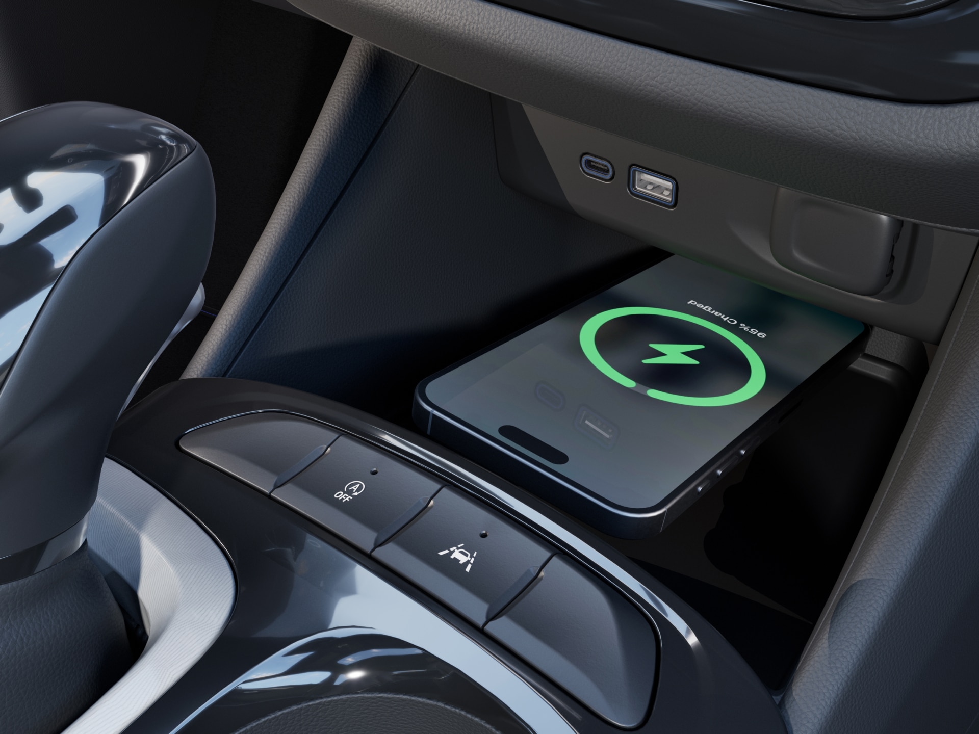 A Smartphone Charging Wirelessly on a Wireless Charging Pad in a Buick Console