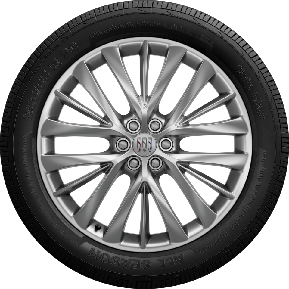 A Close-Up of a Buick Enclave Wheel With a Silver Multi-Spoke Rim And a Buick Logo on the Center Cap