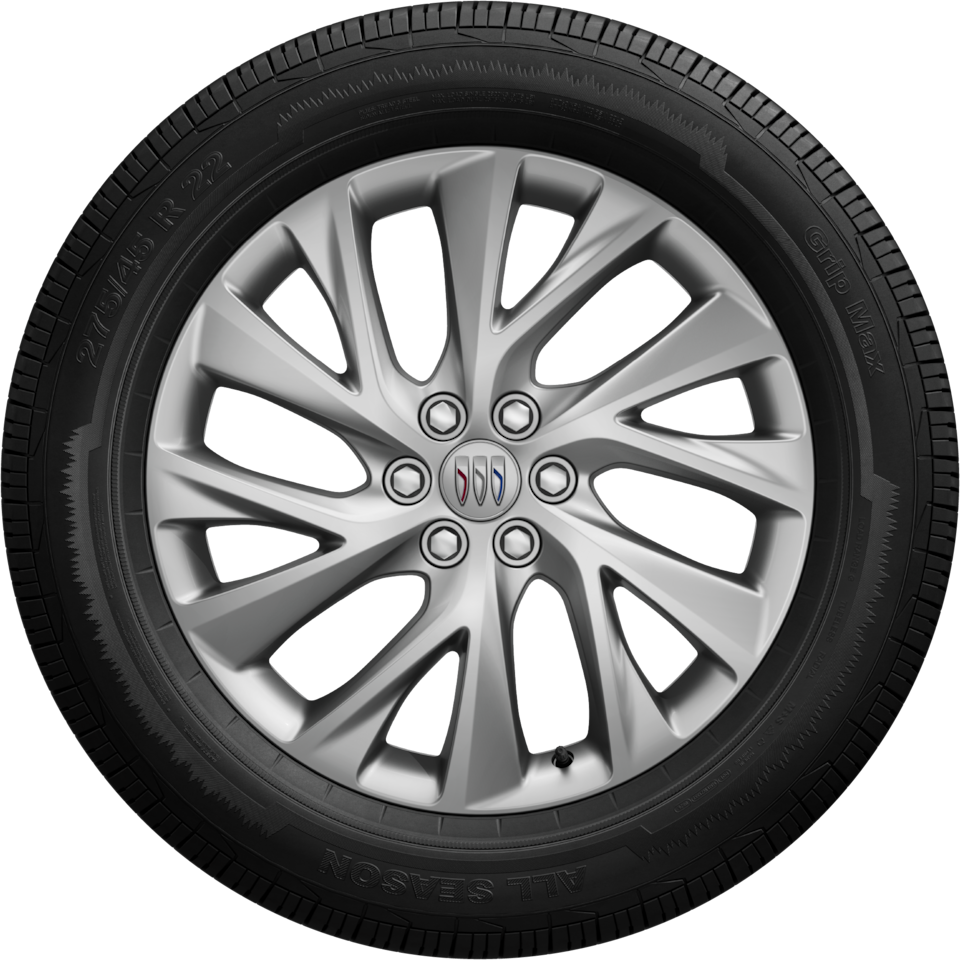 A Close-Up of a Buick Enclave Wheel With a Silver Multi-Spoke Rim And a Buick Logo on the Center Cap
