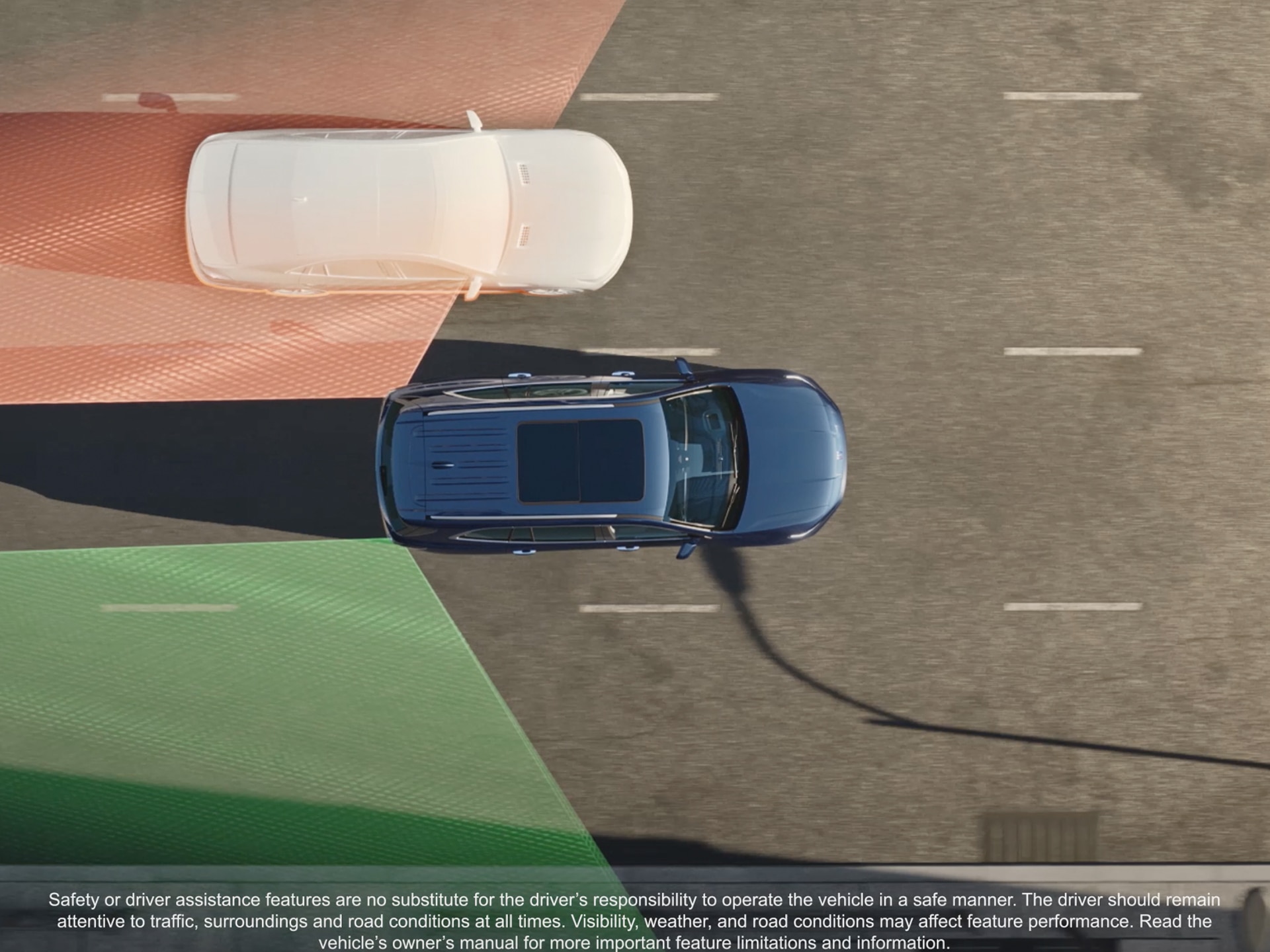 An Overhead View of a Dark Blue Buick Enclave SUV on a Multi-Lane Road With Green And Orange Safety Zones Highlighted