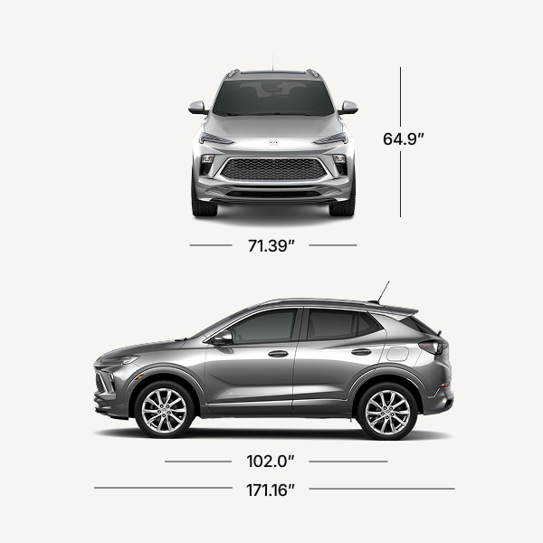 A Silver Buick Encore GX Avenir Displayed from the Front and Side with Dimension Lines and Measurements