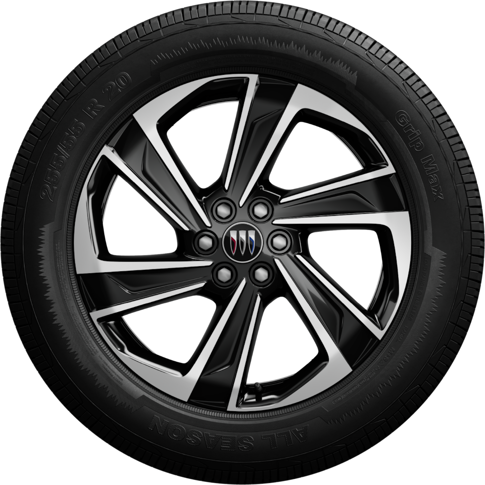 A Close-Up of a Buick Enclave Wheel With a Black And Silver Multi-Spoke Rim And a Buick Logo on the Center Cap