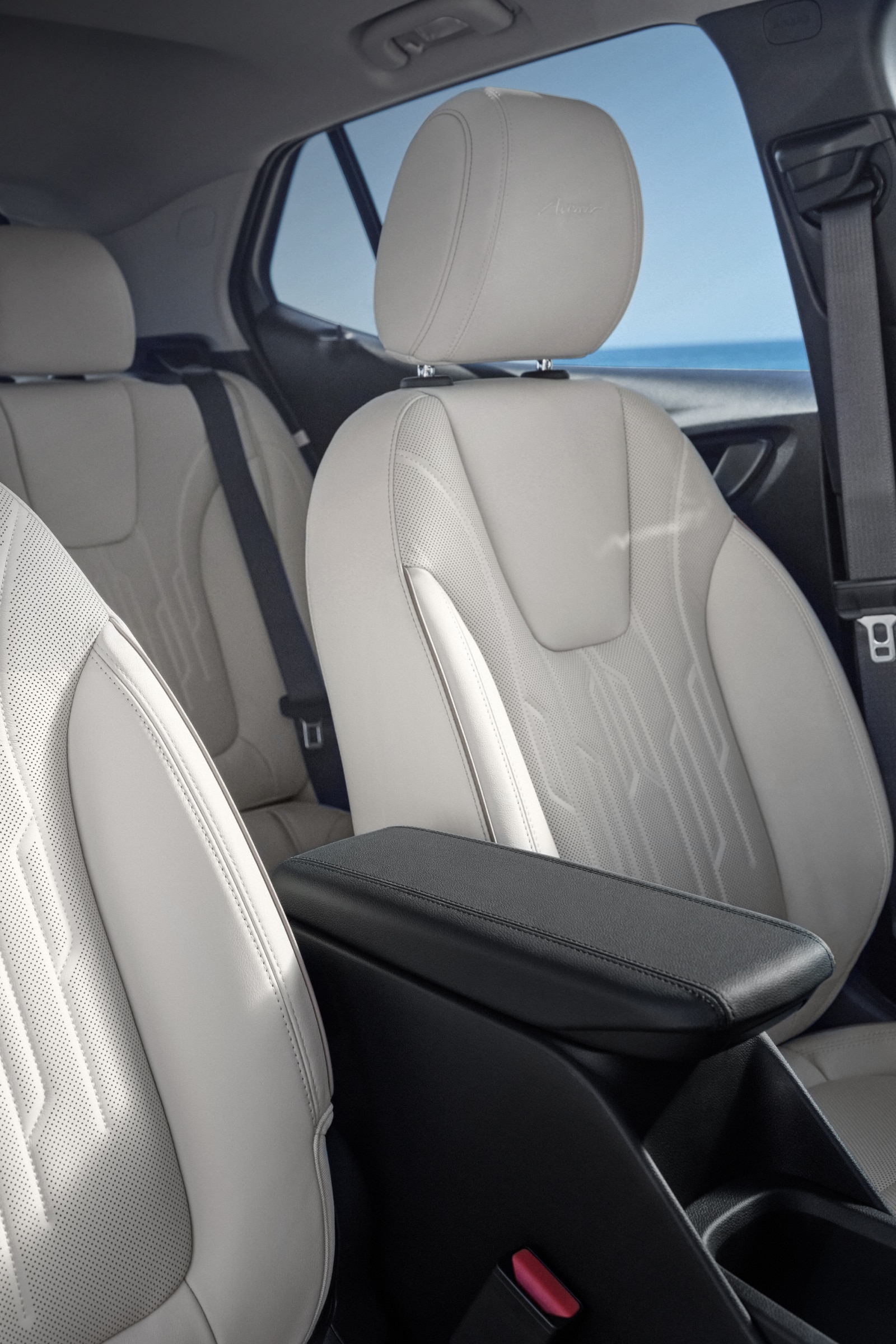 The Interior of a Buick Car Showing the Light-Colored Passenger Seats and Center Armrest