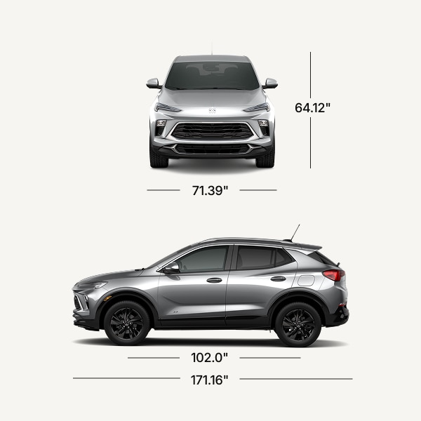 A Silver Buick Encore GX Displayed from the Front and Side with Dimension Lines and Measurements