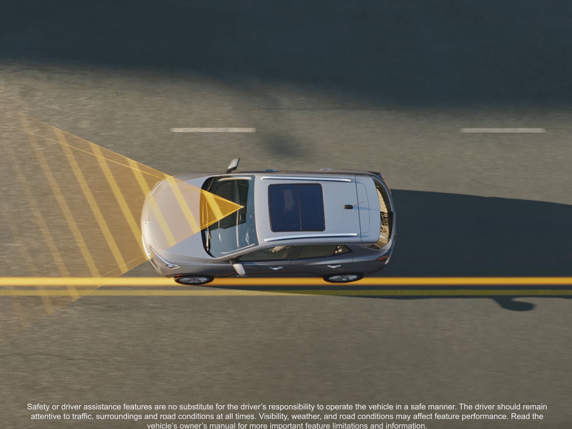 An Aerial View of a Gray Buick SUV Automatically Parking Alongside a Curb with a Red Highlighted Area Indicating Assistance, and a Dashboard Display Showing Speed and Parking Icons