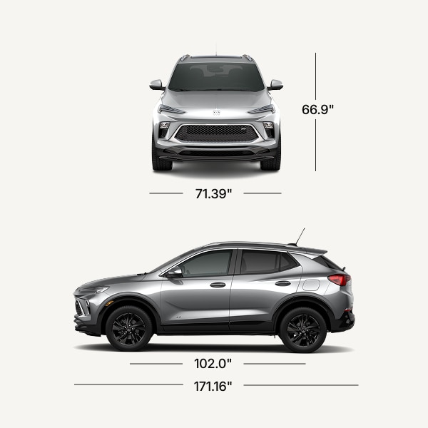 A Silver Buick Encore GX ST Displayed from the Front and Side with Dimension Lines and Measurements