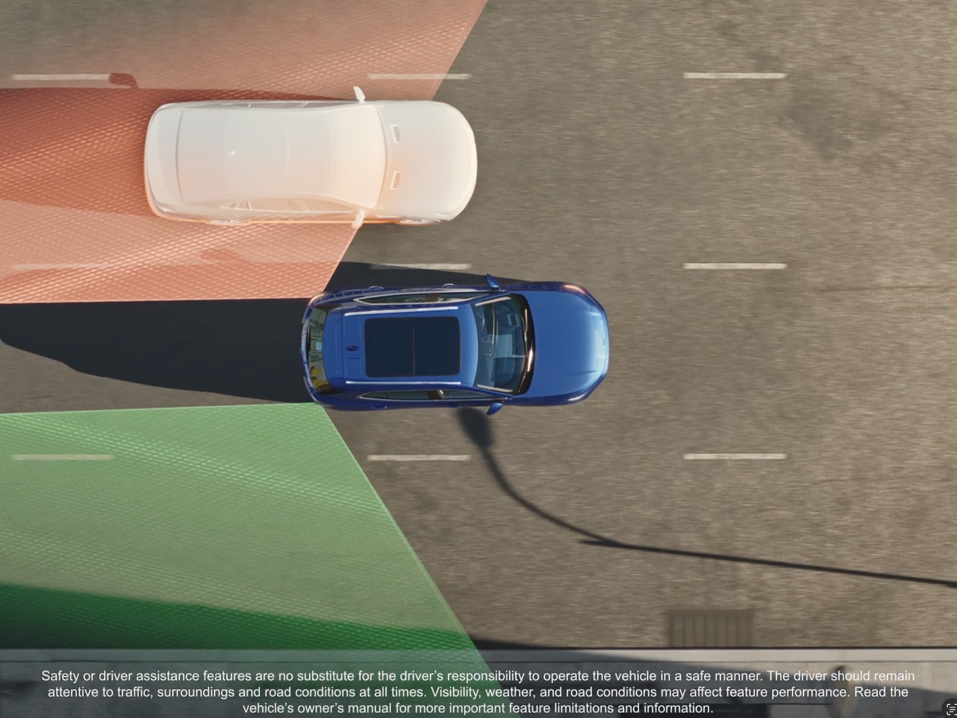An Overhead View of a Blue Buick SUV Driving on a Multi-Lane Road, with Red and Green Highlighted Zones Indicating Blind Spot Monitoring for a Ghostly White Car