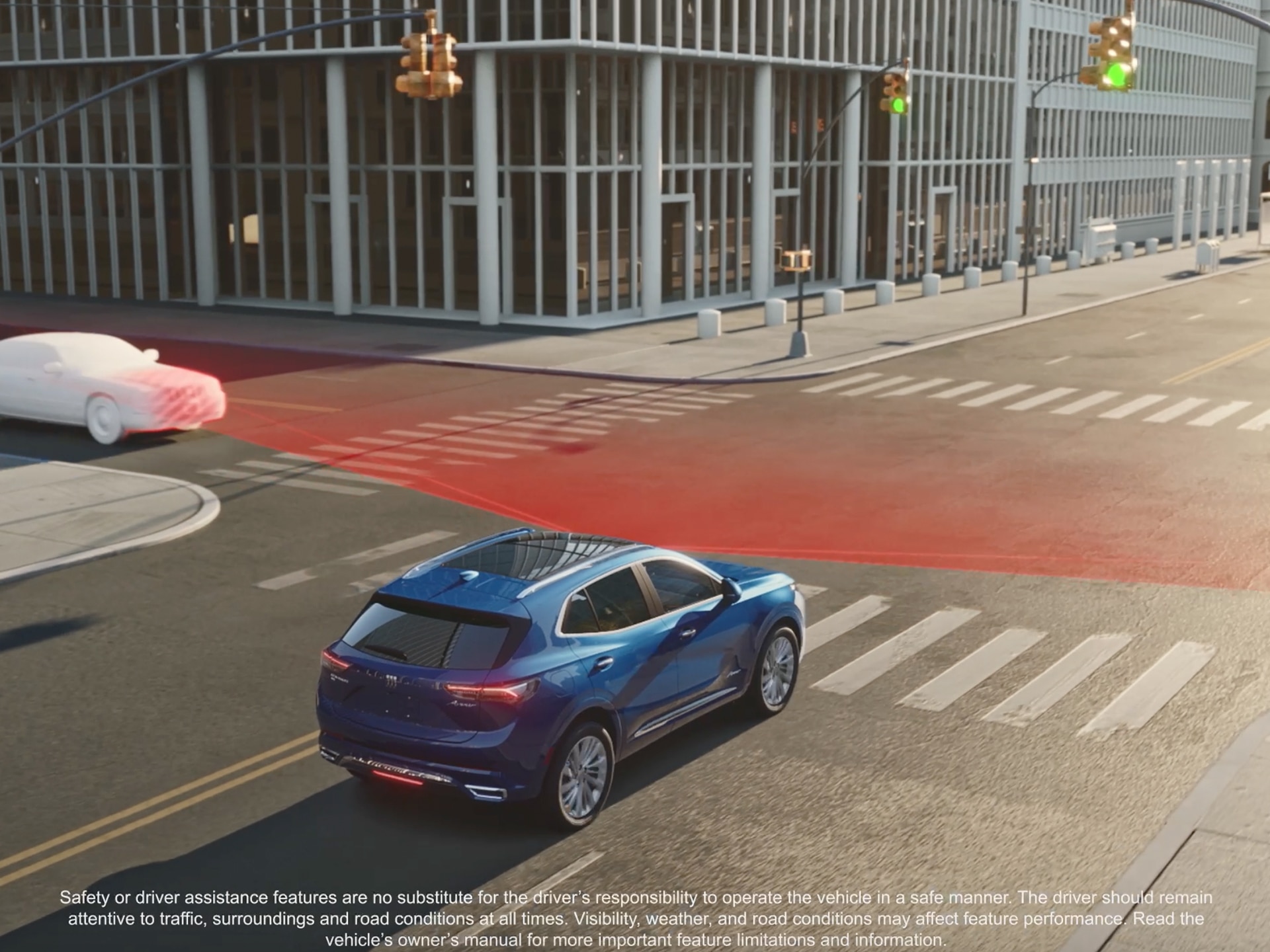 An Aerial View of a Blue Buick SUV at a City Intersection, with Red Highlighted Zones Indicating a Potential Collision with a White Ghostly Car Turning Left