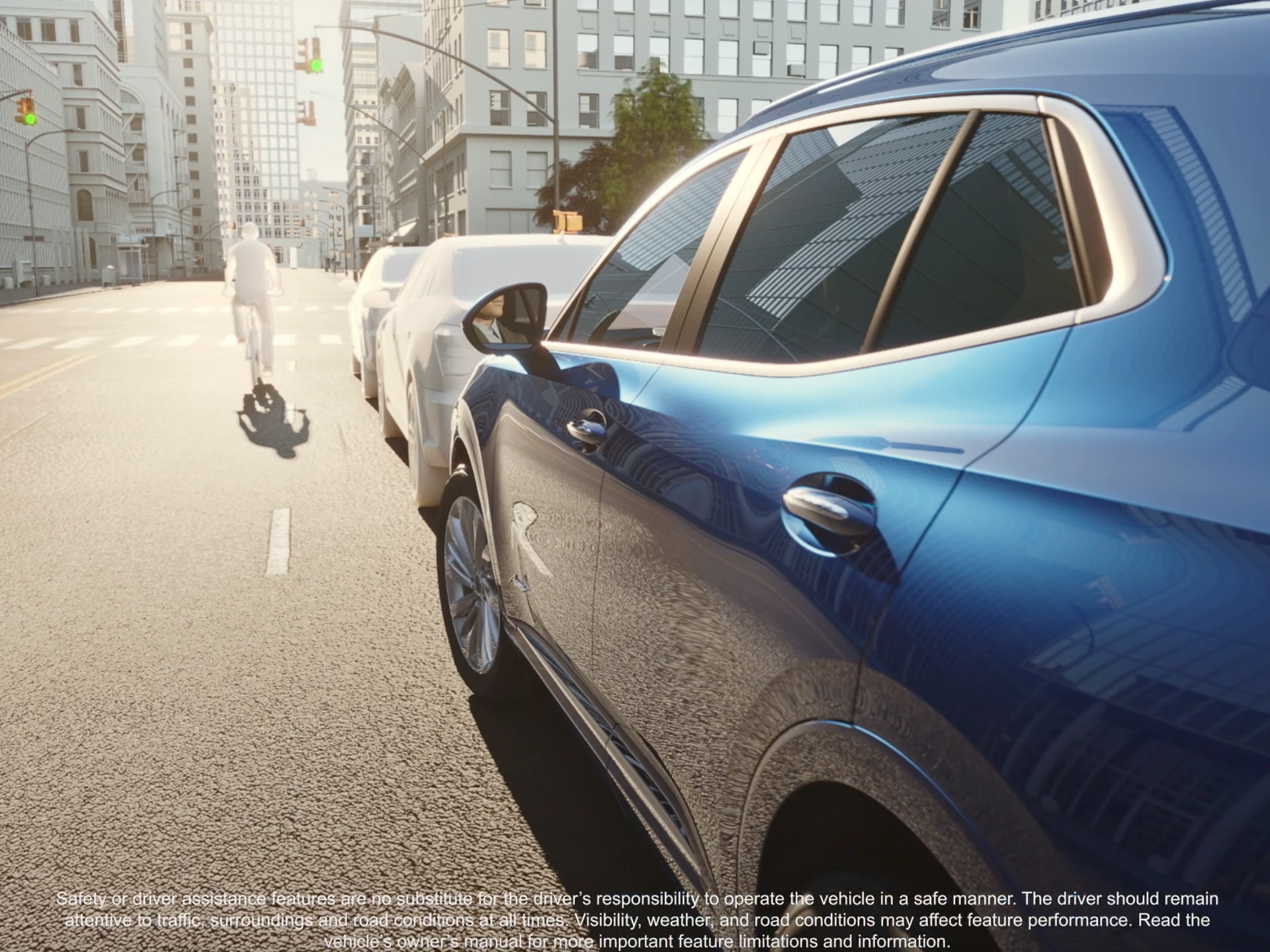 The Side View of a Blue Buick SUV Parked on a City Street, with a Ghostly White Cyclist in the Background
