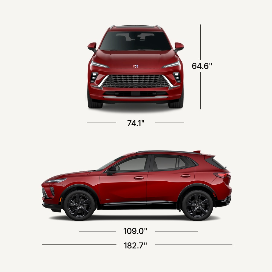 A Red Buick Envista Avenir SUV Displayed in a Wider Layout Showing Front and Side Views with Dimensions