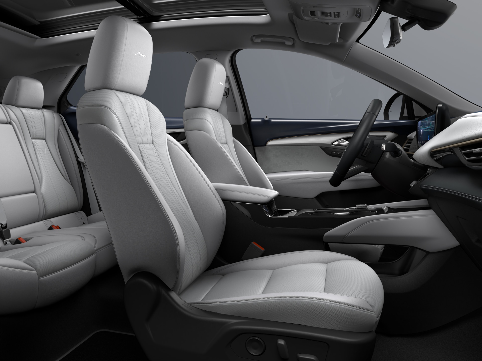 Buick Car Interior with Light Gray Leather Seats and a Visible Sunroof