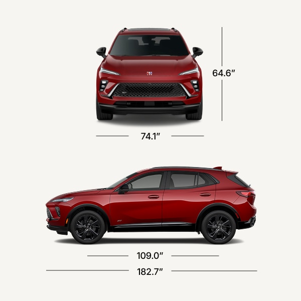 A Red Buick EnvisionSUV Displayed in a Wider Layout Showing Front and Side Views with Dimensions