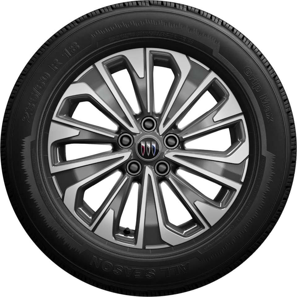 A Detailed View of a Buick Wheel with a Two-Tone Silver and Dark Gray Multi-Spoke Alloy Rim and a Black Tire