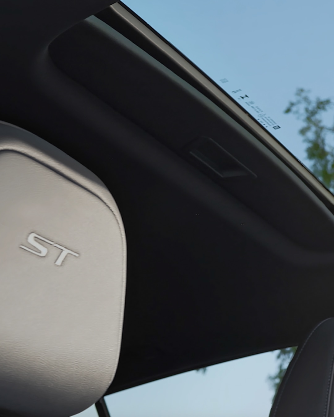 Looking up through the Open Sunroof of a Buick Vehicle showing the Blue Sky and Tree Branches above the Dark Interior with ST Embroidered on the Headrest