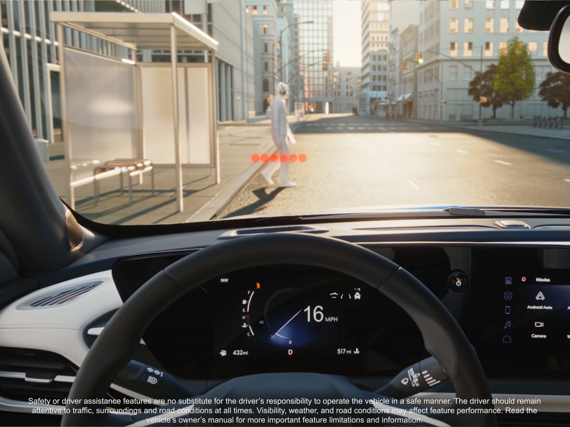 A Driver's Perspective from Inside a Buick Car Looking at a White Car Ahead on a City Street, with the Dashboard Displaying 21 MPH