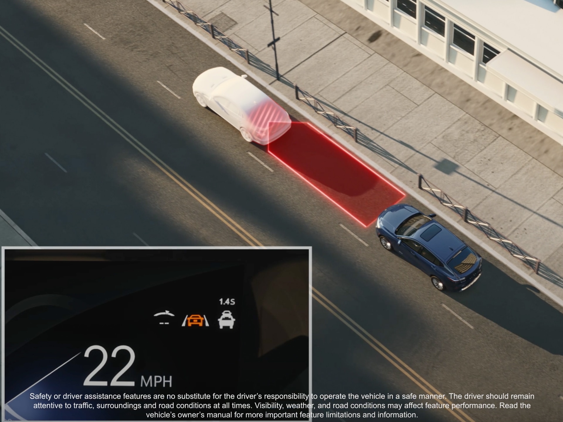 An Aerial View of a Gray Buick SUV Automatically Parking Alongside a Curb with a Red Highlighted Area Indicating Assistance, and a Dashboard Display Showing Speed and Parking Icons