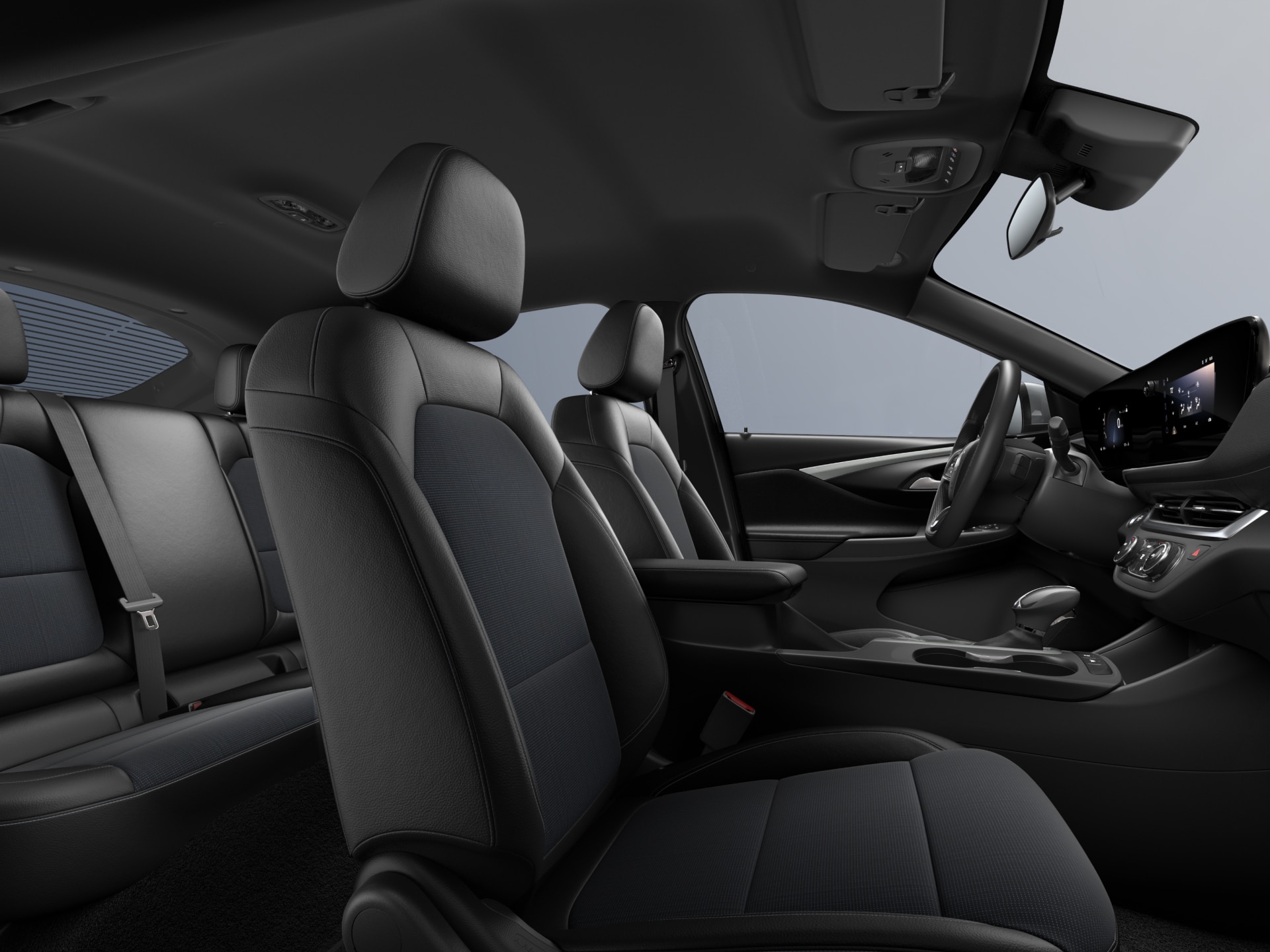 The Interior of a Buick Vehicle Showing Black Leather Seats with Blue Fabric Inserts and Headrests