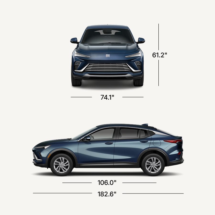A Dark Blue Buick Envista Shown in Front and Side Views with Dimension Measurements