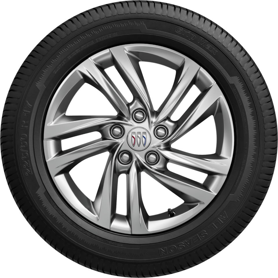 A Close-Up of a Buick Enclave Wheel With a Silver Multi-Spoke Rim And a Buick Logo on the Center Cap