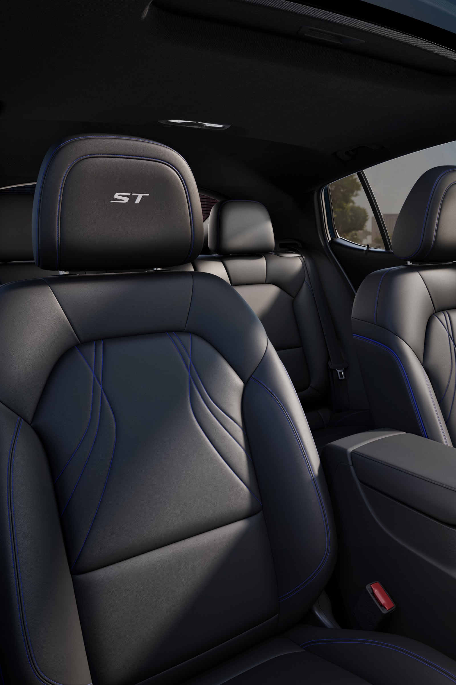 A Full Interior View of a Buick Envision Featuring Black Leather Seats with Blue Stitching, a Console, and a Panoramic Sunroof, with a Bright Sky Visible
