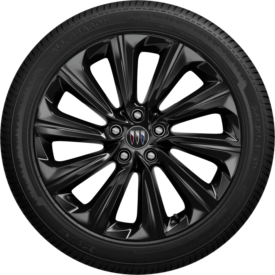 A Gloss Black Buick Multi-Spoke Wheel with a Buick Logo in the Center