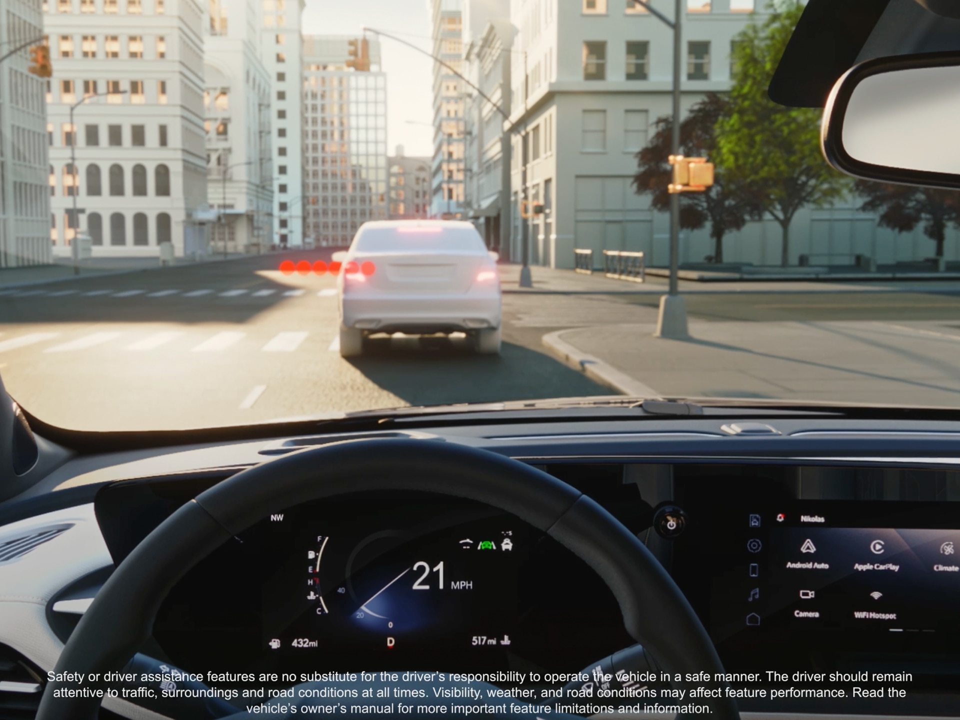 A Driver's Perspective from Inside a Buick Car Looking at a White Car Ahead on a City Street, with the Dashboard Displaying 21 MPH