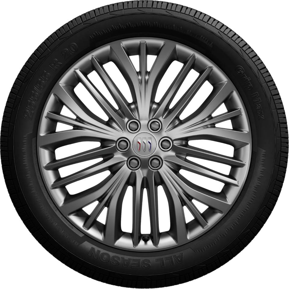 A Close-Up of a Buick Enclave Wheel With a Black And Silver Multi-Spoke Rim And a Buick Logo on the Center Cap