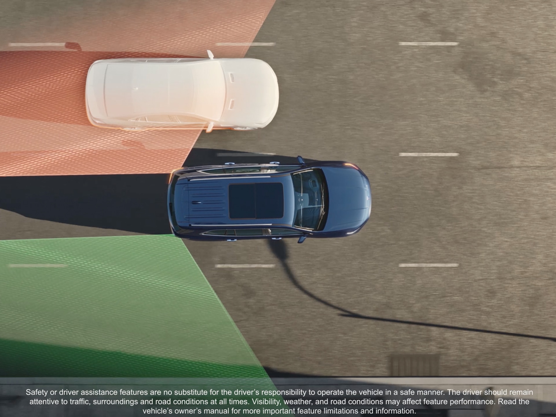 An Overhead View of a Dark Blue Buick Enclave SUV on a Multi-Lane Road With Green And Orange Safety Zones Highlighted