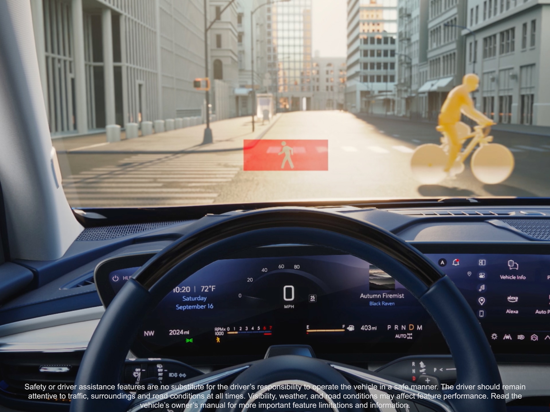 The Driver's View From Inside a Buick Enclave Displaying the Dashboard And Digital Representations of a Pedestrian And Bicyclist With Red Safety Warnings on a City Street
