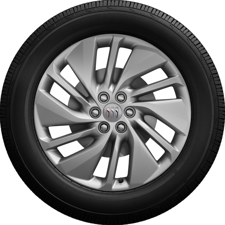 A Close-Up of a Buick Enclave Wheel With a Silver Multi-Spoke Rim And a Buick Logo on the Center Cap