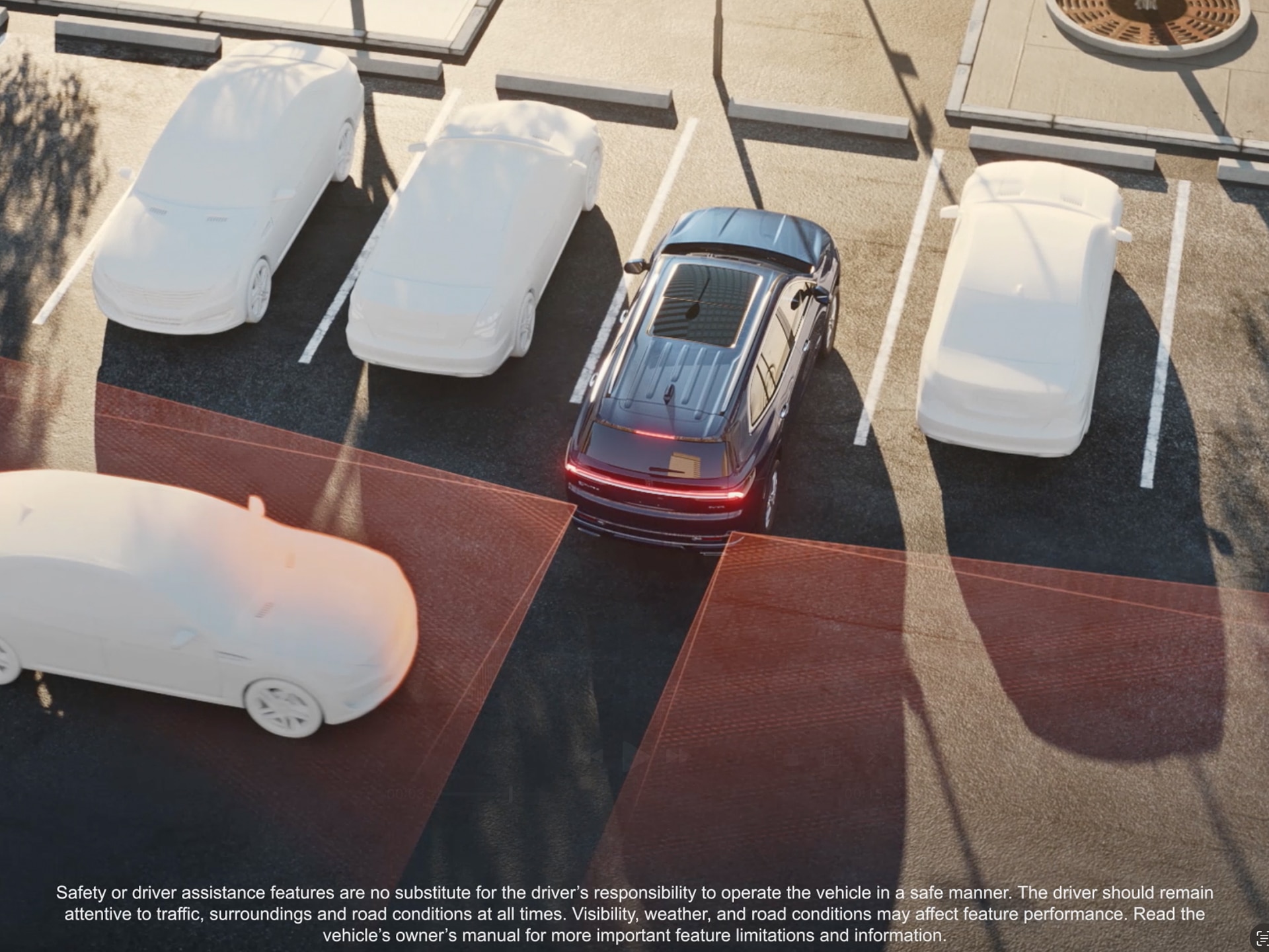 An Overhead View of a Dark Blue Buick Enclave SUV Backing Into a Parking Space With Red Safety Lines Indicating a Cross-Traffic Alert And Other Cars