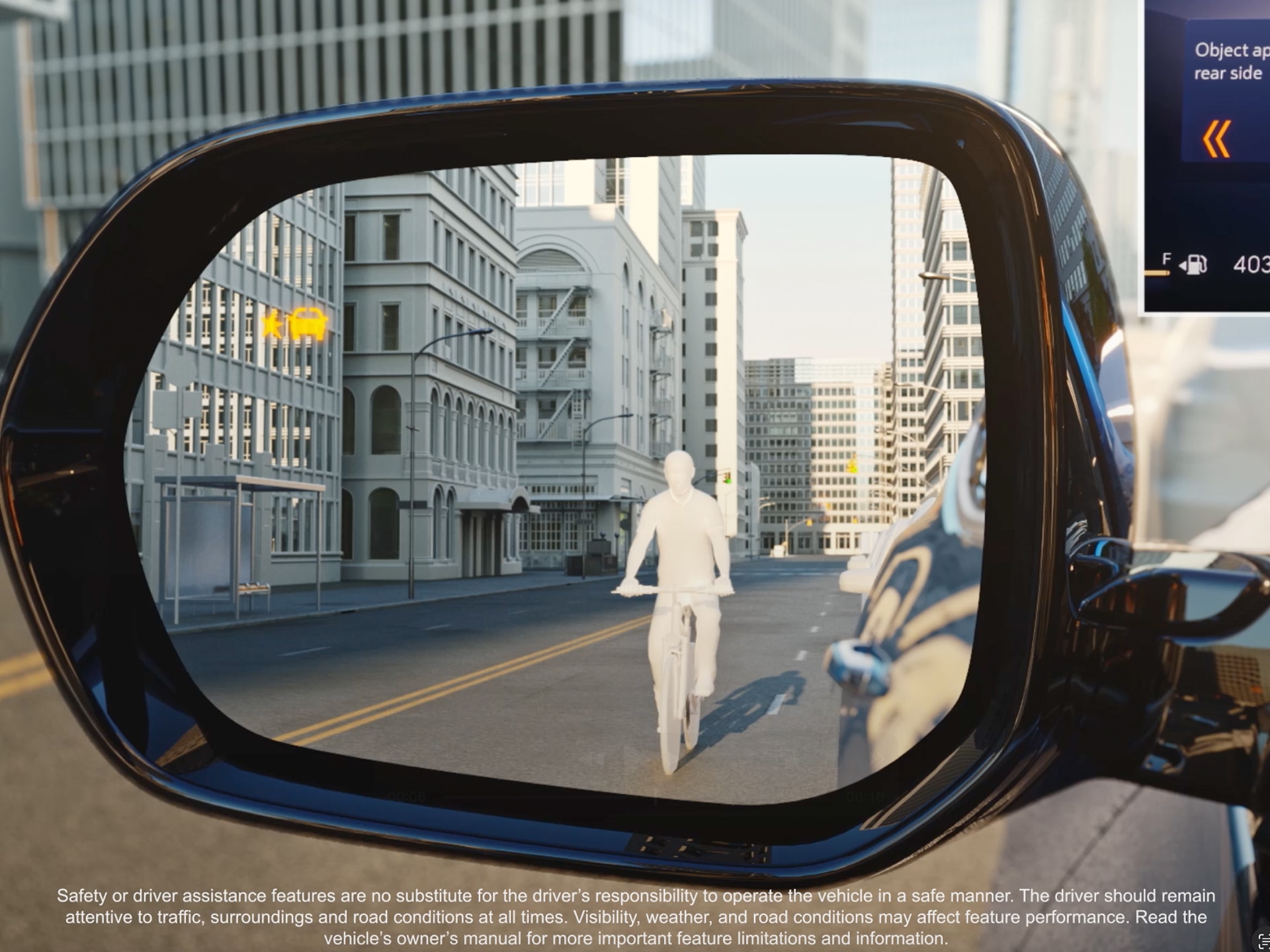 A Car Side Mirror Displaying a Digital Representation of a Bicyclist on a City Street With Buildings in the Background