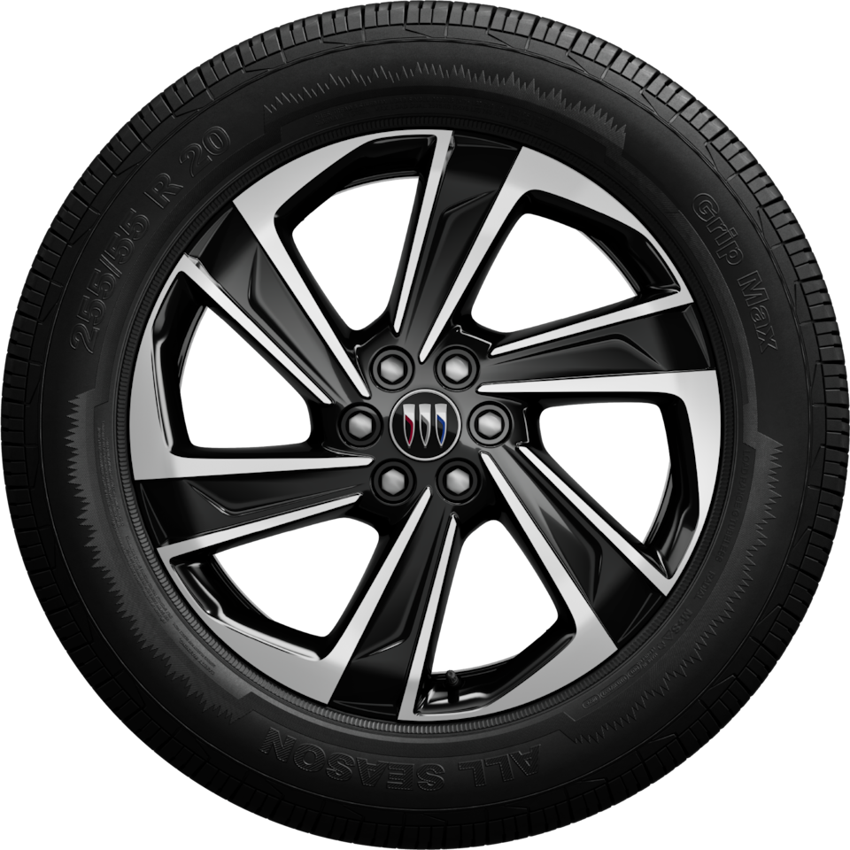 A Close-Up of a Buick Enclave Wheel With a Black And Silver Multi-Spoke Rim And a Buick Logo on the Center Cap