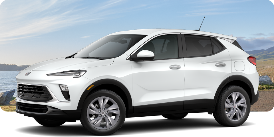 Front-Three Quarter View of a White Buick Encore GX Small SUV Parked Near a Beach