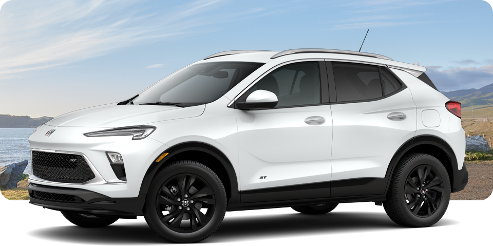 Front-Three Quarter View of a White Buick Encore GX ST Sporty SUV Parked Near a Beach