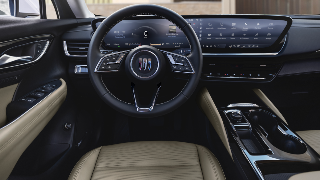 Interior View of the Steering Wheel, Infotainment System and Center Console in a 2024 Buick Envision