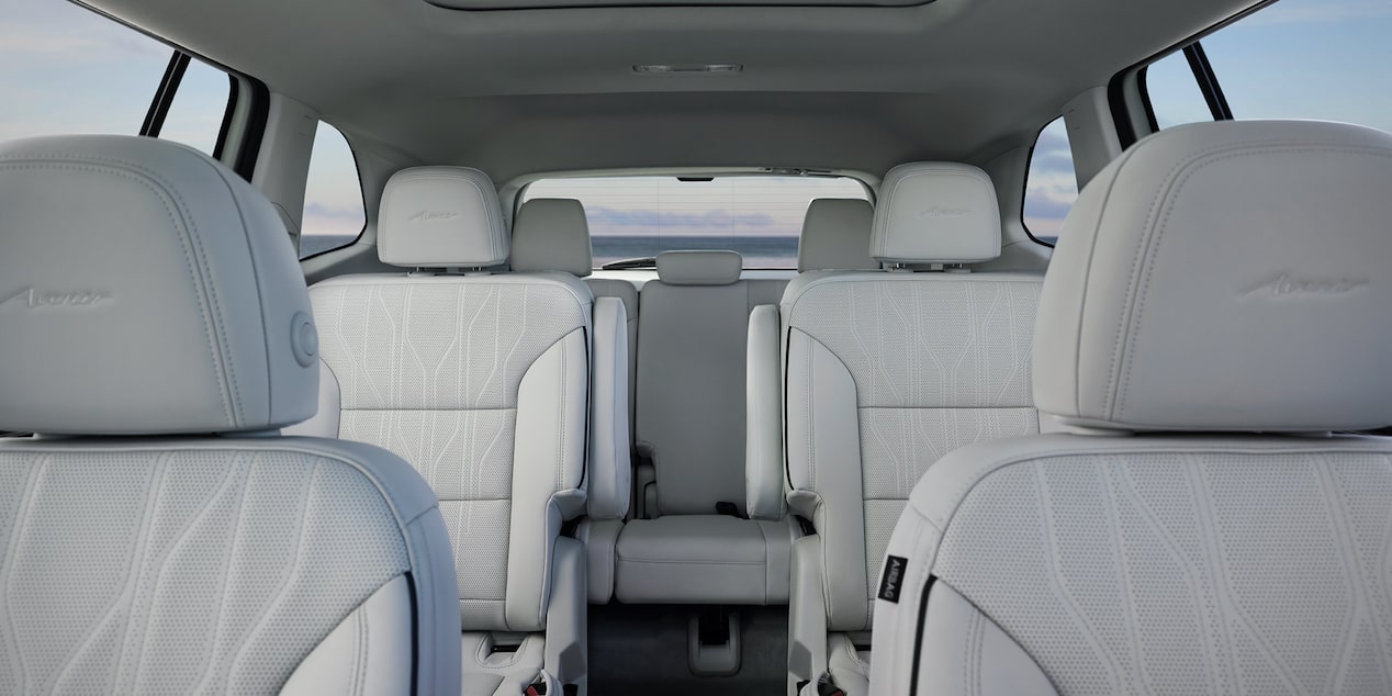 Eye Level View of the Whole Interior with White Leather Seating in a  2025 Buick Enclave Avenir