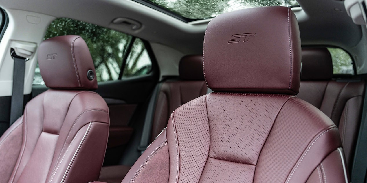 Close-up of the "ST" Stitching on the Seat Headrest in a 2025 Buick Envision ST Sporty SUV