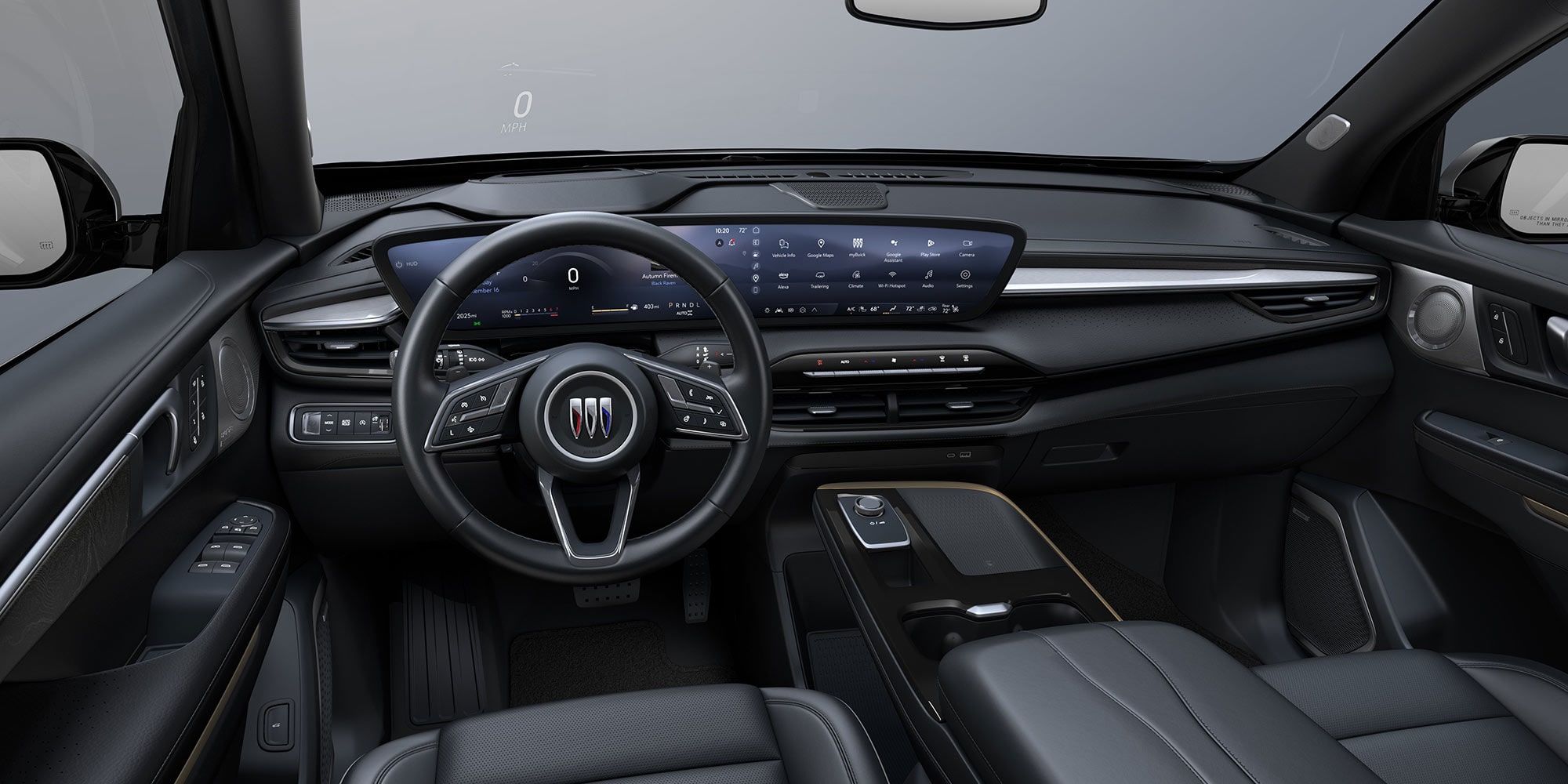Interior View of the Front Row Seating in the Color Ebony with Ebony Accents in the 2026 Buick Enclave Anenir Luxury Mid-Size SUV 