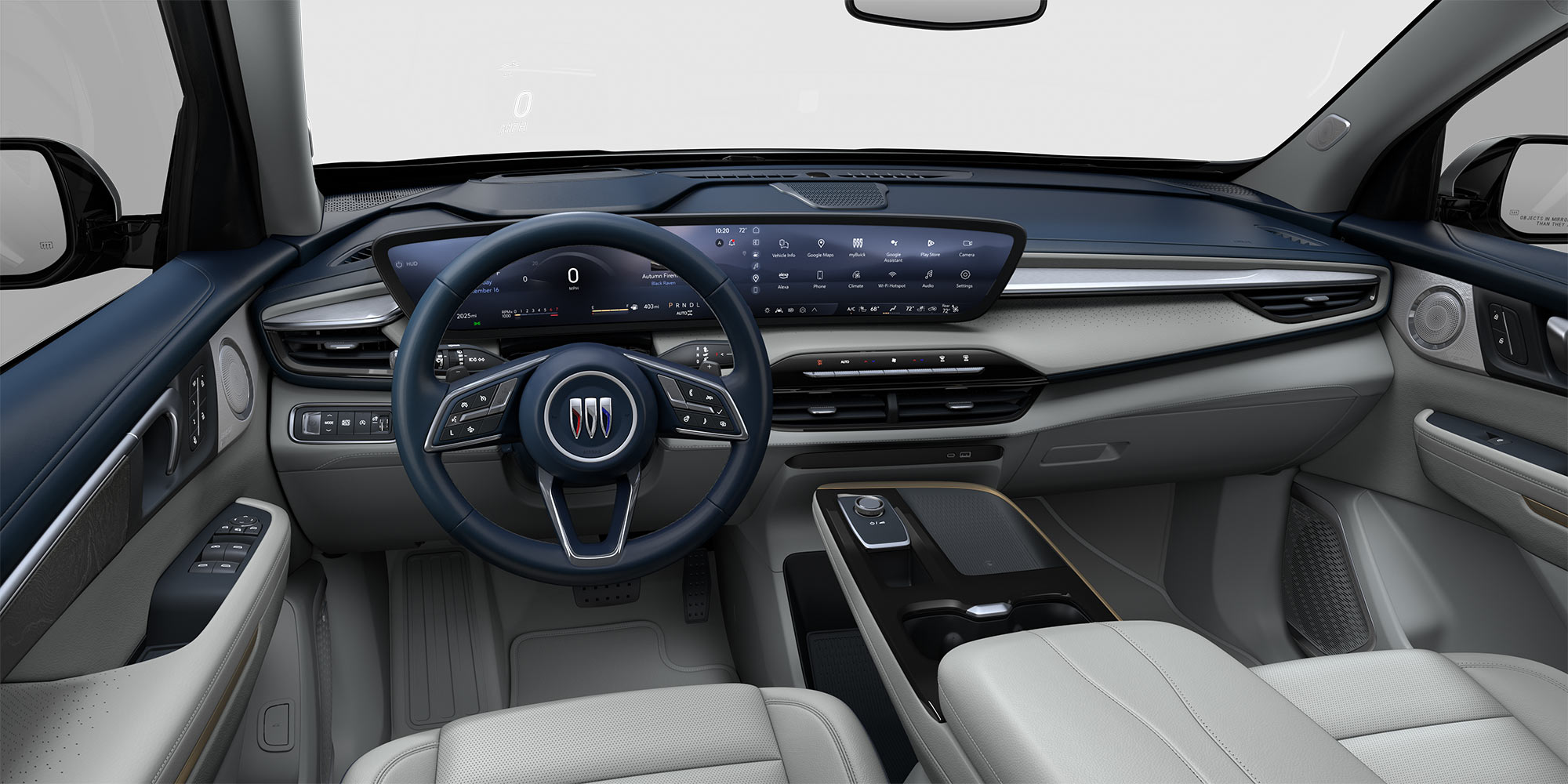 Interior View of the Front Row Seating in the Color Ebony with Ebony Accents in the 2026 Buick Enclave Anenir Luxury Mid-Size SUV 