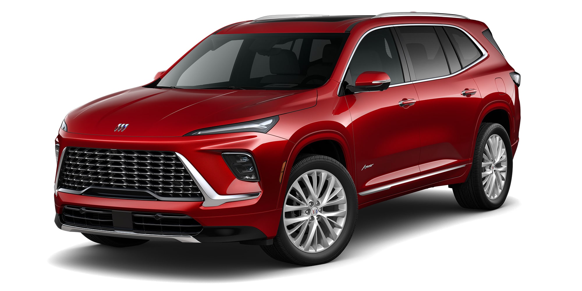 Front Three-Quarters View of a Cherry Red Tintcoat 2026 Buick Enclave Anenir Luxury Mid-Size SUV