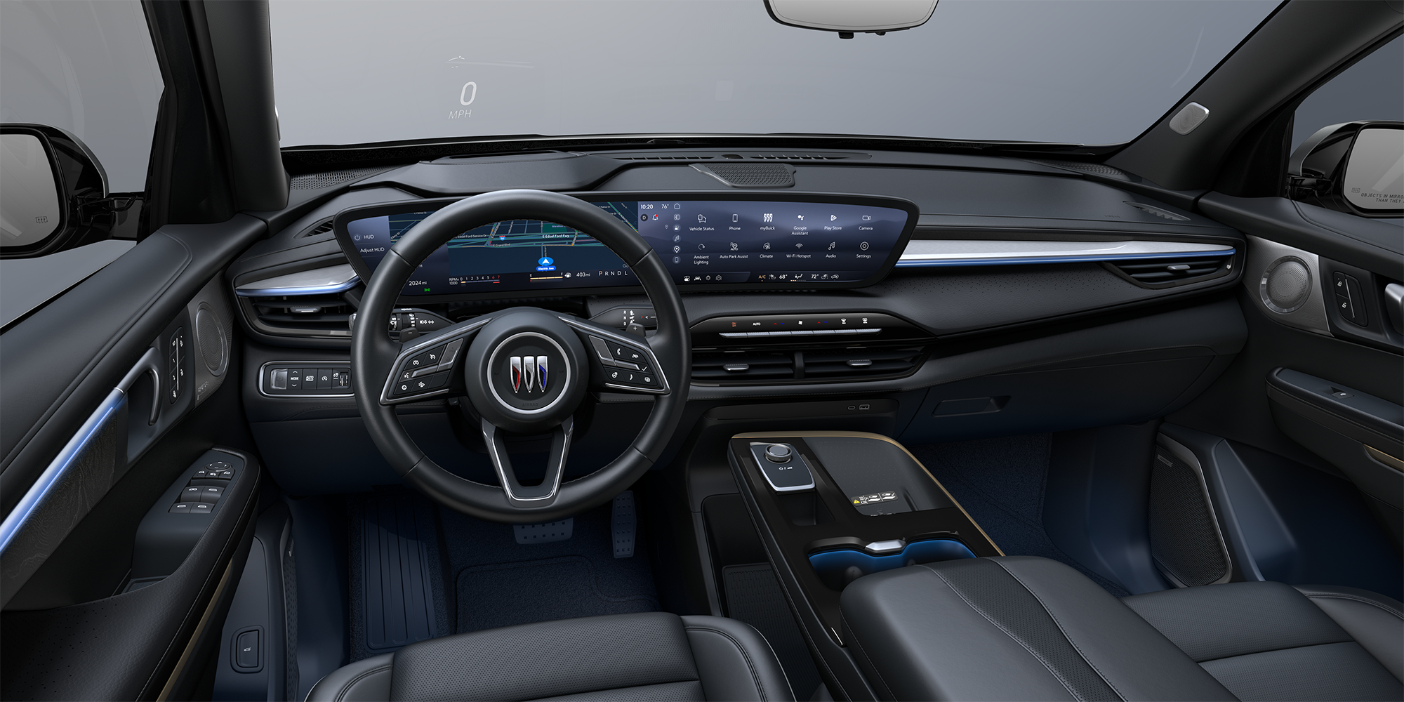 Interior View of the Front Row Seating in the Color Ebony with Ebony Accents in the 2026 Buick Enclave Anenir Luxury Mid-Size SUV
