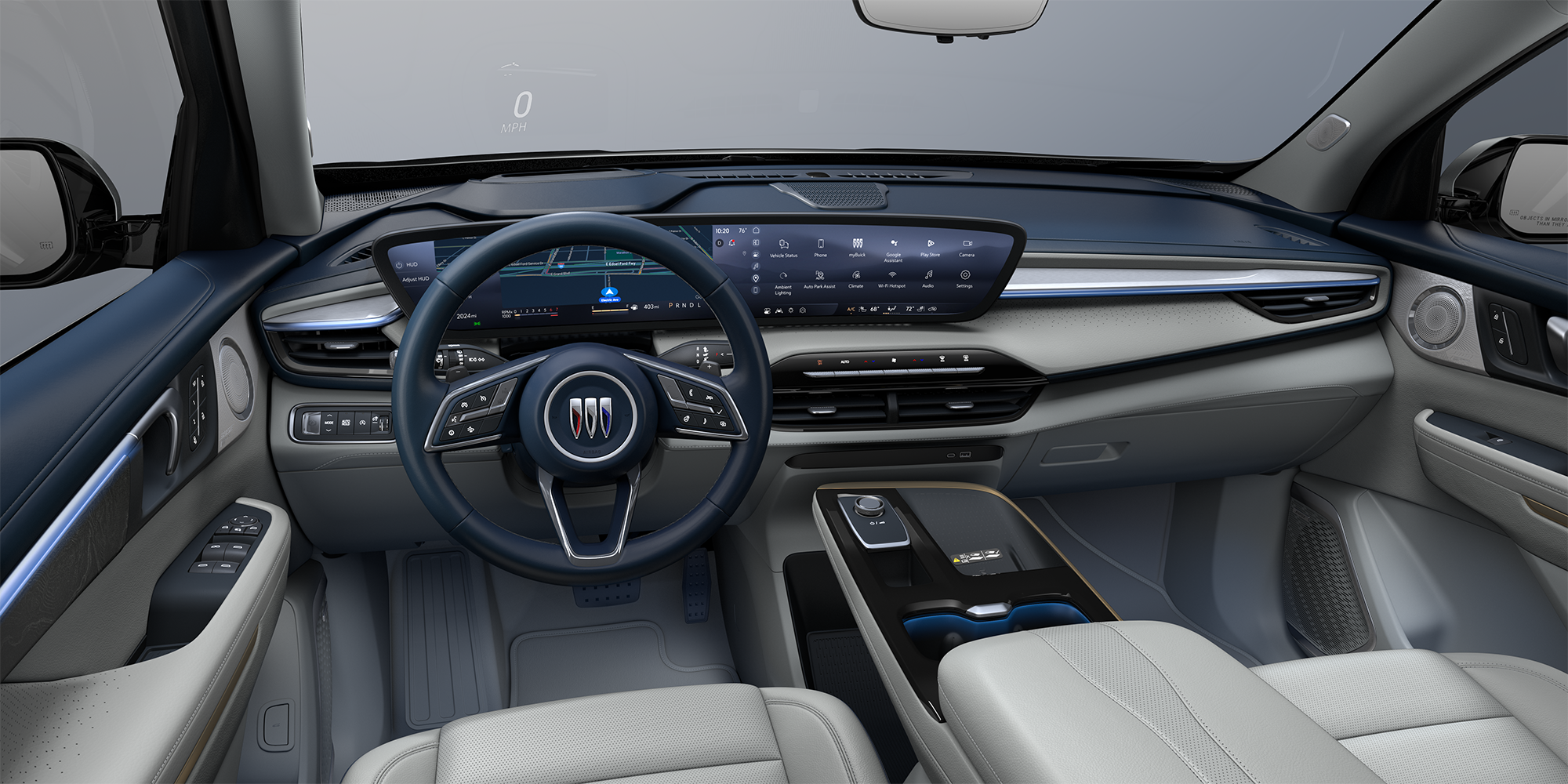Interior View of the Front Row Seating in the Color Cool Gray with Slate Blue Accents in the 2026 Buick Enclave Anenir Luxury Mid-Size SUV