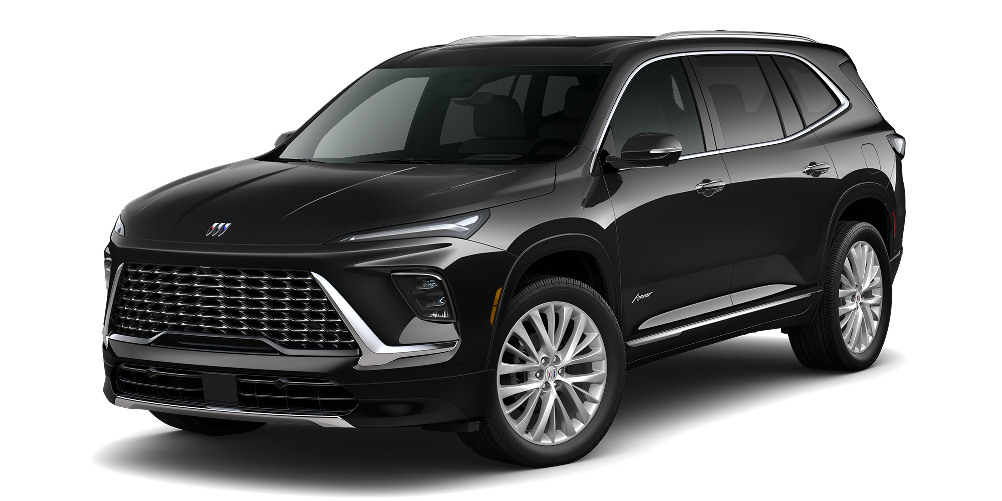 Front Three-Quarters View of a Ebony Twilight Metallic 2026 Buick Enclave Anenir Luxury Mid-Size SUV