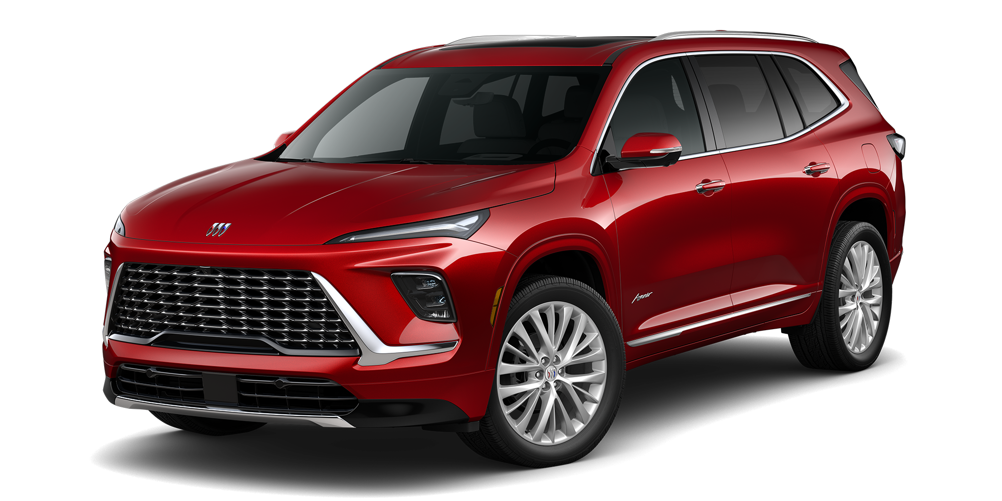 Front Three-Quarters View of a Cherry Red Tintcoat 2026 Buick Enclave Anenir Luxury Mid-Size SUV