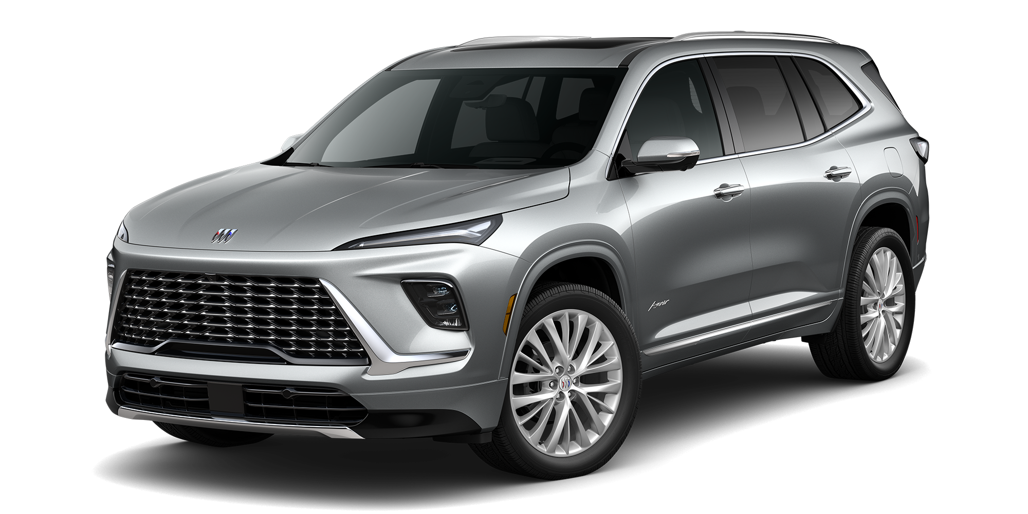 Front Three-Quarters View of a Moonstone Gray Metallic 2026 Buick Enclave Anenir Luxury Mid-Size SUV