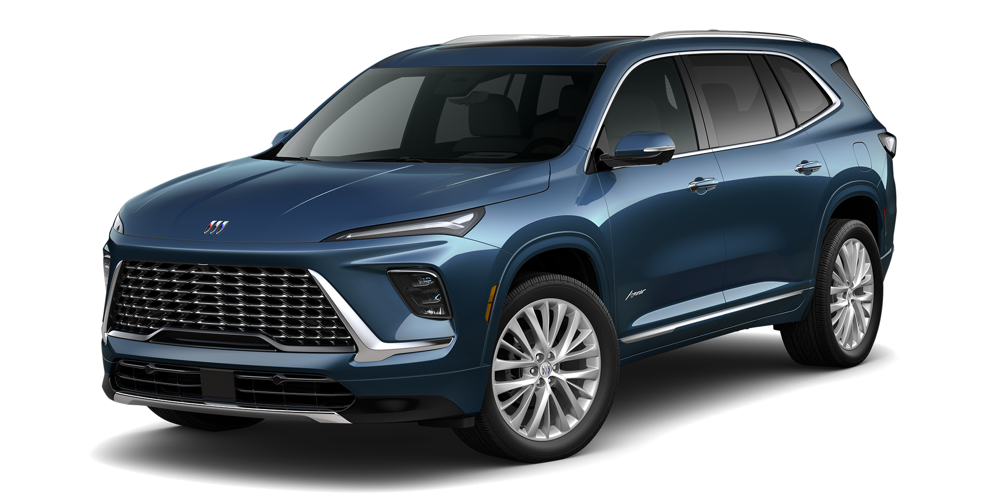 Front Three-Quarters View of a Ocean Blue Metallic 2026 Buick Enclave Anenir Luxury Mid-Size SUV